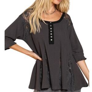 POL Womens Thermal Henley Top Size Small Gray Waffle Knit Lace Boho Peasant